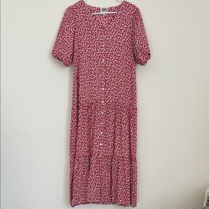 Women's Red Floral Maxi Dress with Button Front